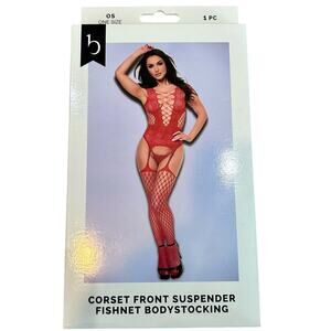 Baci Women’s Corset Front Suspender Fishnet Bodystocking Lingerie Red New